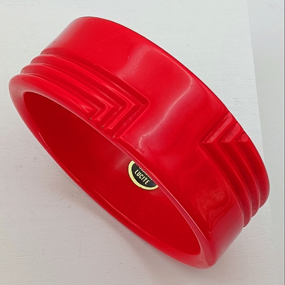 LUCITE VINTAGE bangle cherry red retro bracelet tag deco genuine Rockabilly USA - Picture 2 of 7